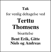 Dødsannoncen for Terttu
Thomsens - Nibe