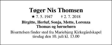 Dødsannoncen for Tøger Nis Thomsen - København