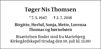 Dødsannoncen for Tøger Nis Thomsen - København