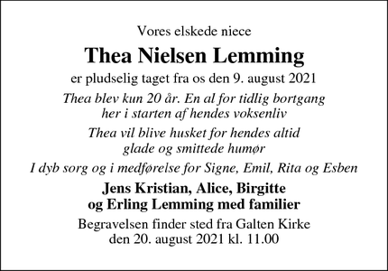 Dødsannoncen for Thea Nielsen Lemming - Galten