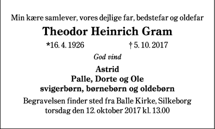 Dødsannoncen for Theodor Heinrich Gram - Sønderborg