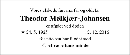 Dødsannoncen for Theodor Mølkjær-Johansen  - Brøndby