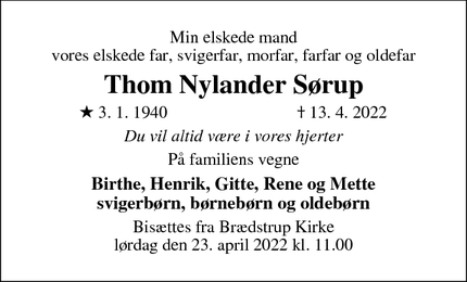 Dødsannoncen for Thom Nylander Sørup - Brædstrup