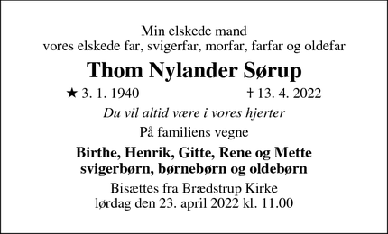 Dødsannoncen for Thom Nylander Sørup - Brædstrup