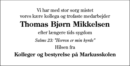 Dødsannoncen for Thomas Bjørn Mikkelsen - Esbjerg