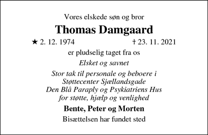 Dødsannoncen for Thomas Damgaard - Randers NV
