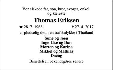 Dødsannoncen for Thomas Eriksen - Vejle