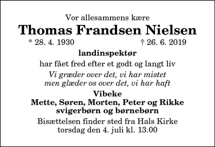 Dødsannoncen for Thomas Frandsen Nielsen - Hals