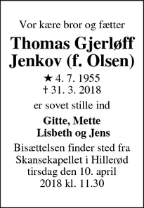 Dødsannoncen for Thomas Gjerløff Jenkov (f. Olsen) - Asserbo