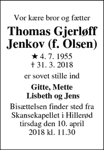 Dødsannoncen for Thomas Gjerløff Jenkov (f. Olsen) - Asserbo