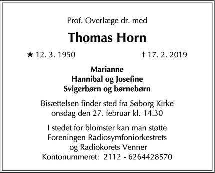 Dødsannoncen for Thomas Horn - Søborg