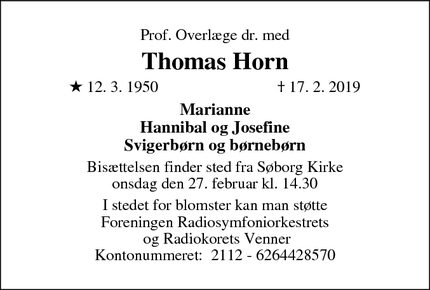Dødsannoncen for Thomas Horn - Søborg