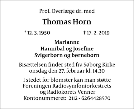 Dødsannoncen for Thomas Horn - Søborg