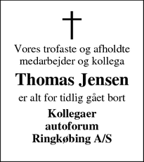 Dødsannoncen for Thomas Jensen - Ringkøbing