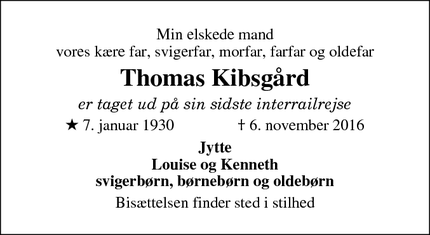 Dødsannoncen for Thomas Kibsgård  - Odense