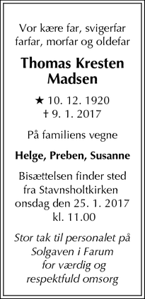 Dødsannoncen for Thomas Kresten Madsen - Farum