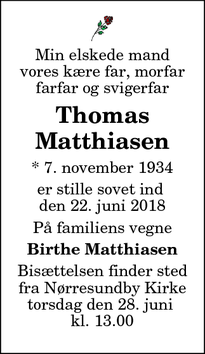 Dødsannoncen for Thomas Matthiasen - Nørresundby
