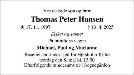 Dødsannoncen for Thomas Peter Hansen - Hørsholm