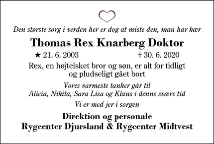 Dødsannoncen for Thomas Rex Knarberg Doktor - Silkeborg