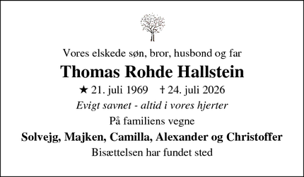 Dødsannoncen for Thomas Rohde Hallstein - København Ø