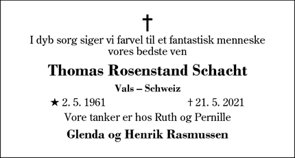Dødsannoncen for Thomas Rosenstand Schacht - Herning
