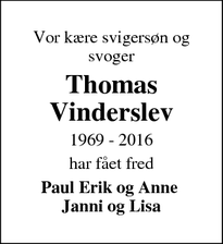 Dødsannoncen for Thomas Vinderslev - Hornsyld