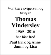 Dødsannoncen for Thomas Vinderslev - Hornsyld