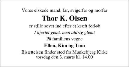 Dødsannoncen for Thor K. Olsen - Odense  m