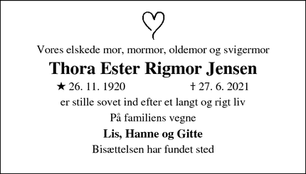 Dødsannoncen for Thora Ester Rigmor Jensen - NYBORG 
