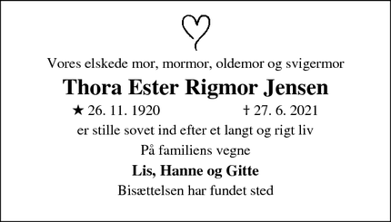 Dødsannoncen for Thora Ester Rigmor Jensen - NYBORG 
