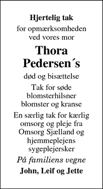 Dødsannoncen for Thora Pedersen´s - Knabstrup, 4440 Mørkøv, Danmark