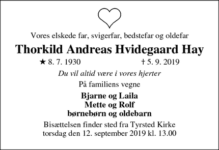 Dødsannoncen for Thorkild Andreas Hvidegaard Hay - Horsens 