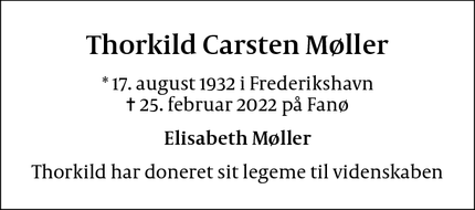Dødsannoncen for Thorkild Carsten Møller - Fanø
