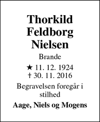 Dødsannoncen for Thorkild
Feldborg Nielsen - Vanløse