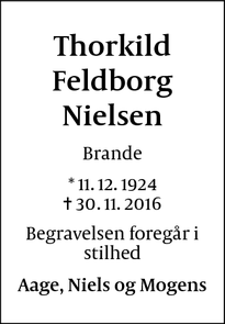 Dødsannoncen for Thorkild
Feldborg Nielsen - Vanløse