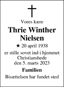 Dødsannoncen for Thrie Winther
Nielsen - Pårup
