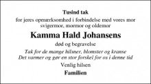 Dødsannoncen for Kamma Hald Johansen - Suldrup