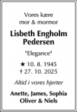 Dødsannoncen for Lisbeth Engholm Pedersen - London