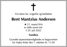 Dødsannoncen for Bent Mantzius Andersen - København