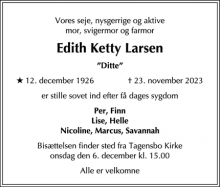 Dødsannoncen for Edith Ketty Larsen - Hellerup