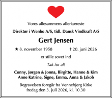 Dødsannoncen for Gert Jensen - Hjørring