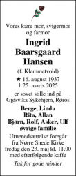 Dødsannoncen for Ingrid
Baarsgaard
Hansen - Nørre Snede