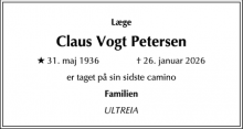 Dødsannoncen for  Claus Vogt Petersen - Frederiksberg