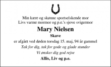 Dødsannoncen for Mary Nielsen - Bedsted Thy