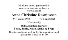 Dødsannoncen for Anne Christine Rasmussen - Holstebro