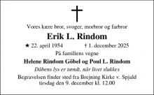 Dødsannoncen for Erik L. Rindom - Tannerupmark