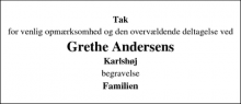 Dødsannoncen for Grethe Andersen - Store Heddinge