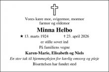 Dødsannoncen for Minna Helbo - Ebeltoft