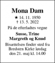 Dødsannoncen for Mona Dam - Bredsten 
