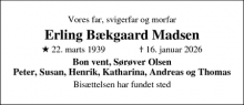 Dødsannoncen for Erling B&aelig;kgaard Madsen - Helsingør